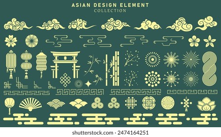 Asian design element set. Vector decorative collection of patterns, lanterns, flowers , clouds, ornaments in chinese and japanese style.