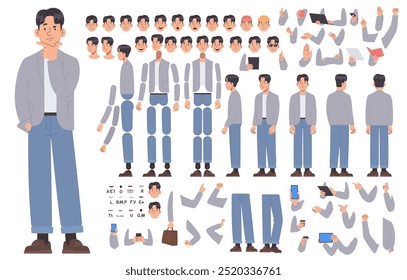 Asian man character constructor. Set of different body, arm and leg positions for animation and creating your own illustrations. DIY kit. Vector illustration in flat style