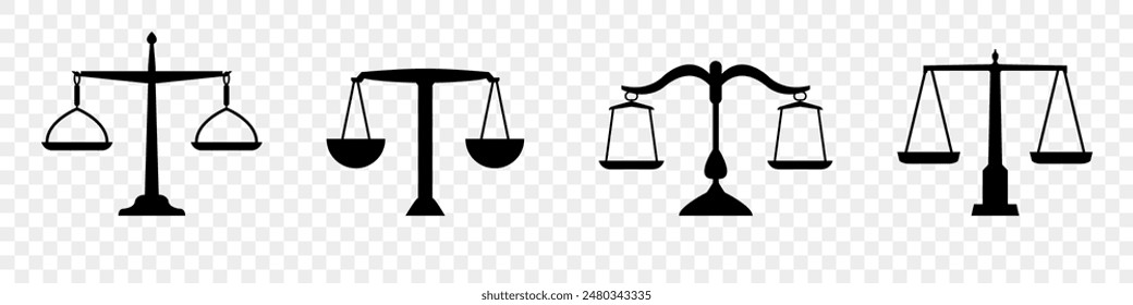 Balance scale or libra icon collection in black. Justice scales icons. Vintage scale in balance. Justice scales icon or risk evaluation symbol