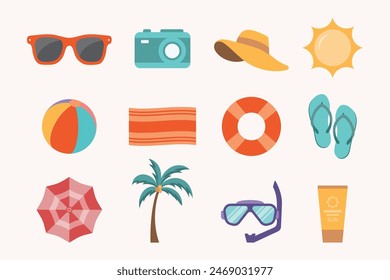 Beach and summer icons collection including sunglasses, camera, beach ball, beach umbrella, hat, flip flops, snorkel, life vest, sunscreen bottle and beach