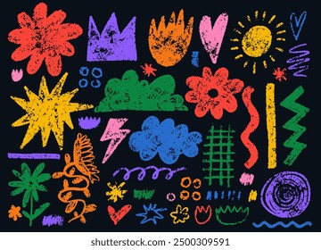 Big set colorful childish crayon drawn doodle. Kids pencil drawings, squiggles in childish girly style, flower, crown, stars. Template freehand cute kid scribbles. Vector bright color chalk icons.