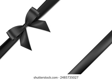 Black bow and ribbon realistic shiny satin place on corner of paper vector for decorate your Invitation card, brochure ,greeting card , book cover , or website isolated on white background.