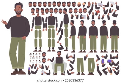 Black guy character constructor. Young man in casual clothes. Set of different body positions, arms, legs, head for animation and creating your own illustrations. DIY kit. Vector illustration in flat 