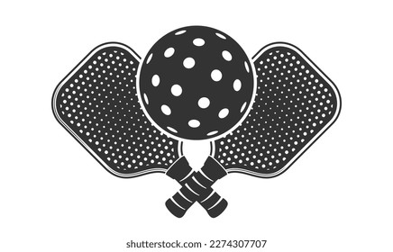 Black Pickleball Logo With Crossed Racket and Ball Over Them