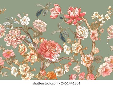 Blossom trees with rose, peony, chrysanthemum, Seamless pattern, background. Vector illustration. In Chinoiserie, botanical style