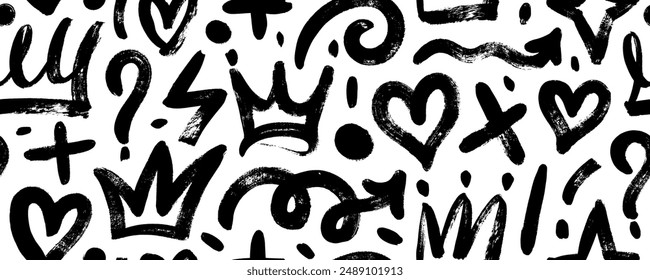 Brush drawn doodle shapes seamless pattern. Hearts, crowns, arrows, crosses, swirls and dots with dry brush texture. Banner background with trendy graffiti style elements. Hand drawn various shapes.