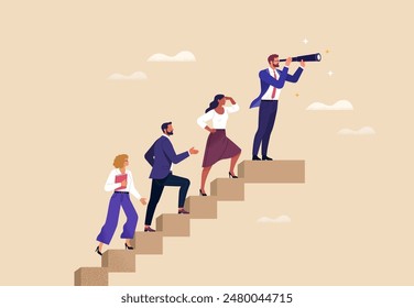 Business Leadership Concept. Vector illustration in flat style of a group of diverse people in business  outfits walking up the steps following a leader looking ahead. Isolated on background 