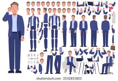 Business man character constructor. Male manager. Set of different body positions, arms and legs, many emotions to create animation or your own illustrations. DIY kit. Vector illustration