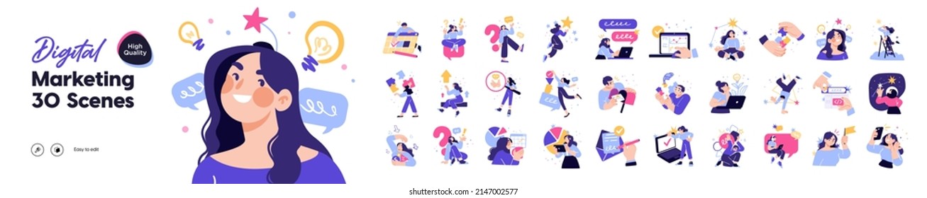 Business Marketing illustrations. Mega set. Collection of scenes with men and women taking part in business activities. Trendy vector style