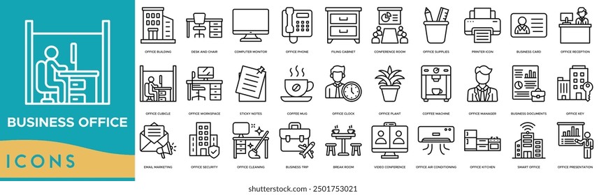 Business office icon. Office Building, Desk and Chair, Computer Monitor, Office Phone and Filing Cabinet