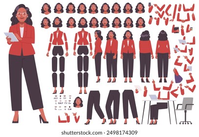 Businesswoman constructor. Set of different positions of hands, legs, head for animation of a business lady character. DIY kit. Vector illustration in flat style