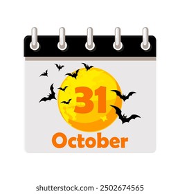 Calendario de Halloween. 31 de octubre - Feliz Halloween. Luna de dibujos animados con murciélagos negros. Ilustración para la página del calendario o su impresión, tarjeta de felicitación