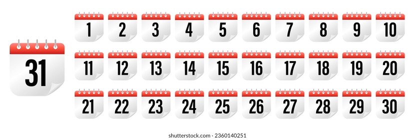 Colección de iconos del calendario 1, 2, 3, 4, 5, 6, 7, 8, 9, 10, 11, 12, 13, 14, 15, 16, 17, 18, 19, 20, 21, 22, 23, 24, 25, 26, 27, 29 30. Todos los días del año. Ilustración del vector