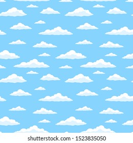 Cartoon blue sky wish clouds. Seamless pattern. Texture for fabric, wrapping, wallpaper. Decorative print.