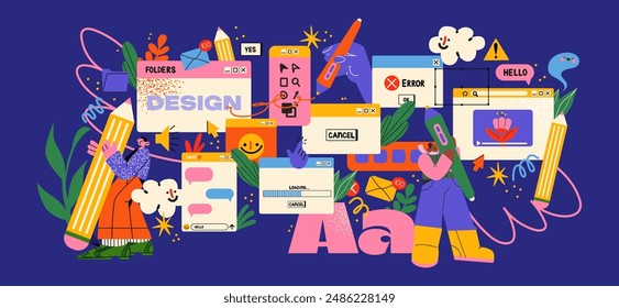 Cartoon characters graphic design workers, online chats and abstract frames. Geometric shapes, online worker concept with laptop in doodle style. Creative people artists with pencils. Business team