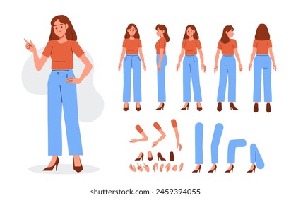 Casual woman character constructor for animation. Front, side and back view. Body parts and postures collection. Vector illustration 