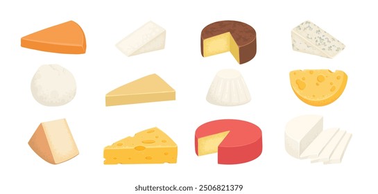 Cheese types. Cartoon cutted parmesan, brie triangle, mozzarella, gouda cheddar and feta slices. Tasty dairy food product. Cheese vector set, parmesan and cheddar illustration design on white