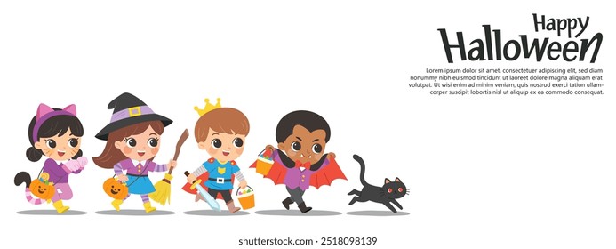 Niños vestidos con disfraces de Halloween para ir de truco o trato con un gato. Disfraz de Halloween para niños en vacaciones espeluznantes. Plantilla para folleto publicitario.