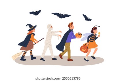 Niños con disfraces de disfraces: bruja, momia, diablo. Los niños disfrazados para el carnaval de Halloween van a la fiesta. Chicos, chicas con calabaza, escoba, murciélago. Ilustración vectorial aislada plana sobre fondo blanco