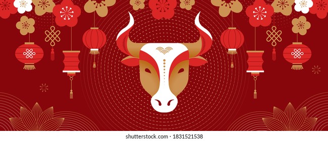 Chinese new year 2021 year of the ox, Chinese zodiac symbol, Chinese text says "Happy chinese new year 2021, year of ox"