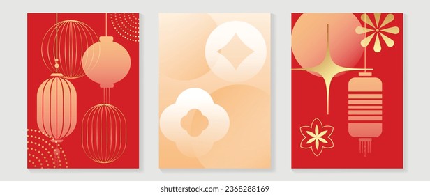 Chinese New Year cover background vector. Luxury background design with gold Chinese lantern and oriental decorative element for Asian Lunar New Year holiday cover, poster, ad and sale banner.