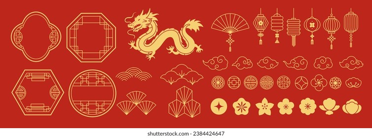 Chinese New Year Icons vector set. Chinese paper lantern, dragon, fan, cloud, coin, flower isolated icons of Asian Lunar New Year holiday decoration vector. Oriental culture tradition illustration.