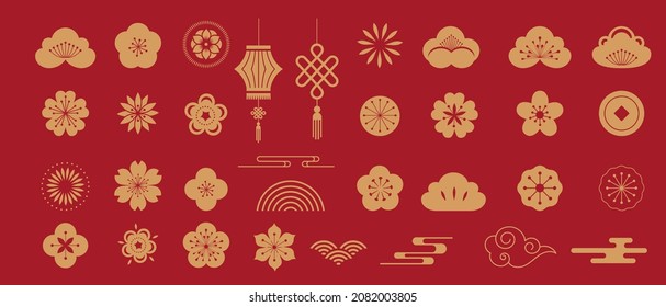 Chinese traditional ornaments, Set of Lunar year decorations, flowers, lanterns, clouds, elements and icons 