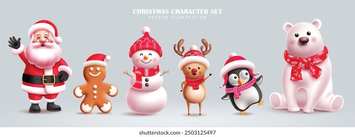 Christmas characters vector set banner design. Santa claus, ginger bread, snowman, reindeer, penguin and polar bear christmas cute character collection in isolated background. Vector illustration