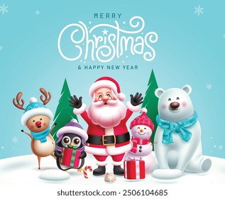 Christmas greeting card vector design. Merry christmas greeting text with friendly santa claus, cute polar bear, penguin, snowman and reindeer characters in snow winter blue background. Vector