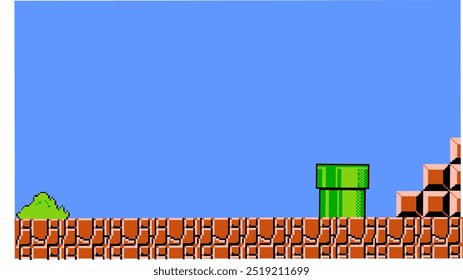 A classic pixel art game background featuring a blue sky, brown bricks, green pipe, and block structure. Perfect representation of old-school gaming simplicity and charm