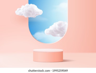 cloud background vector 3d pink rendering with podium and minimal cloud scene, minimal product display background 3d rendered geometric shape sky cloud pink podium. Stage 3d render product in platform