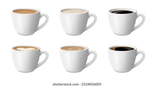 Taza de café con espresso o latte macchiato bebidas calientes con espuma y crema en tazas blancas o tazas. Ilustración vectorial de bebidas energéticas aromáticas refrescantes. Delicioso americano helado con corazón de espuma