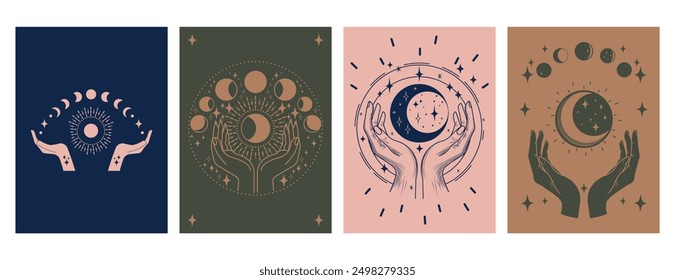 Collection of yoga illustrations in hand-drawn style. Esoteric and boho objects, hands and moon, yoga, moon phases, stars. Vector illustration