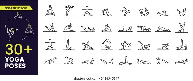 A collection of yoga poses Editable Stroke icons. Line Woman of yoga poses. Set of linear Yoga pose icons. Pilates poses set Editable Outline icon collections.
