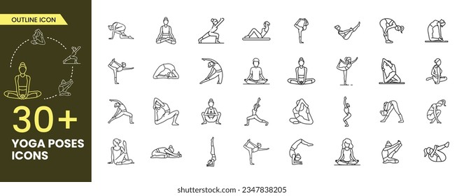 A collection of yoga poses icons. Line Woman of yoga poses. Set of linear Yoga pose icons. Pilates poses set Outline icon collections.