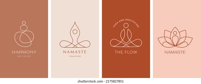 Collection of Yoga, Zen and Meditation logos, linear icons and elements. Bohemian style minimalist illustrations in pastel colors. Vector design