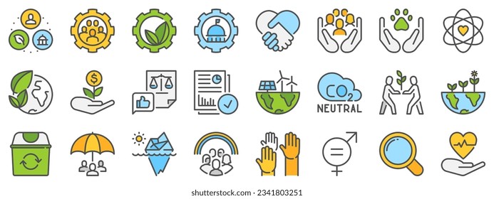 Colored line icons about ESG environmental, social and corporate governance with editable stroke.