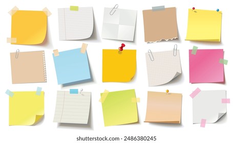 Colored stickers attached tape, red pushpin and metal paper clip. Collection of different color sheets of note papers with curled corner, ready for your message. Realistic vector illustration. Big set