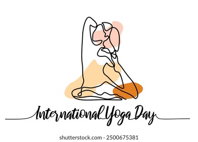 Continuous line drawing exercising woman yoga pose. International yoga day. Hand drawn single line vector illustration