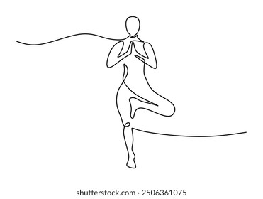 Continuous line drawing of a woman in a yoga pose, representing relaxation and fitness. Vector art focused on health and meditation, isolated on a white background.