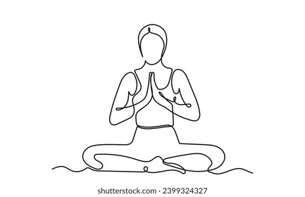 Continuous line drawing of yoga. women sitting yoga pose lotus. a woman sitting cross-legged meditating on a white background. concept of yoga, meditation, healthy body, and relaxation.
