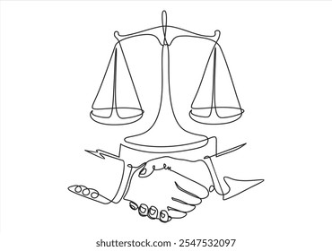 Continuous one single line drawing Client shakes hands with lawyer Legal services scales Advocate consultation Jurisprudence icon vector illustration	