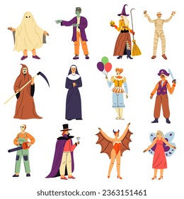 Disfraces y prendas de vestir para la celebración de la fiesta de Halloween. Monja aislada y fantasma, Drácula y Frankenstein, momia y bruja, diablo y payaso con globos, pardo de mariposa. Vector de estilo plano