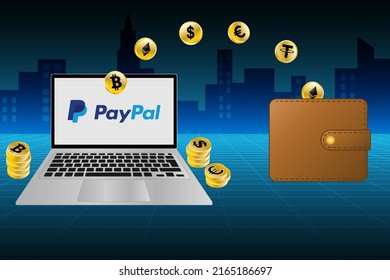 
Cryptocurrency transfer outside the PayPal platform and external wallets. Illustration concept for PayPal and cryptocurrencies. Blockchain news for banner, ads, landing page, flyer template. 