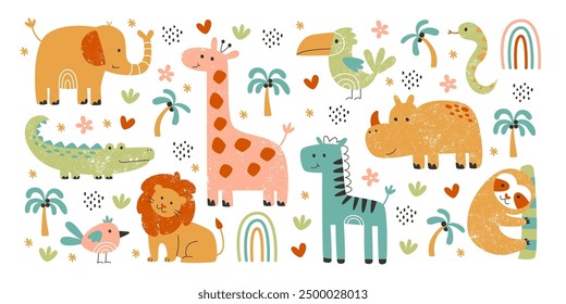 Cute childish African safari animals, amphibians and birds characters with grunge effect isolated vector illustration set on white background. Tropical jungle of Africa wildlife, inhabitant of zoo