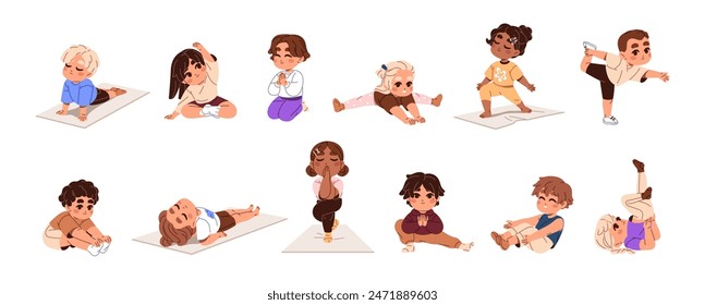 Cute children do physical exercises set. Happy kids stretching, practice yoga poses, asanas. Different little boys and girls training, do sport. Flat isolated vector illustrations on white background