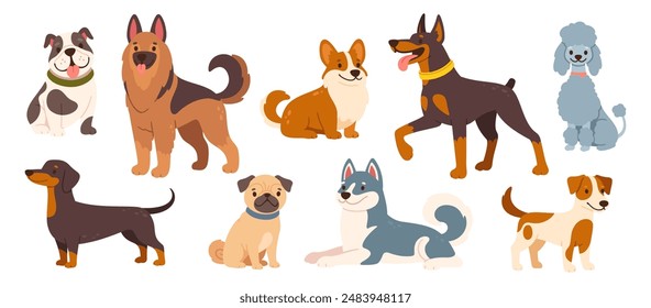 Cute dogs and puppies. Cartoon different breeds pet. Funny doggy characters. Happy friendly canine animals. Pug, corgi, poodle, husky and poodle. Vector set.