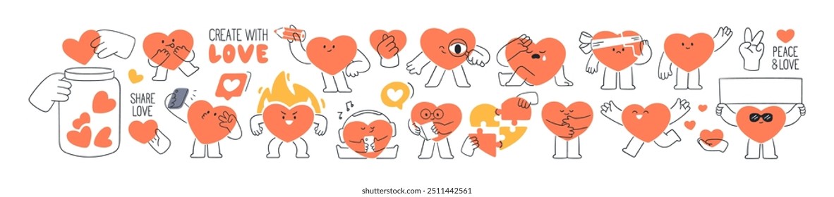 Cute heart characters set. Love, support, passion, trust symbols, concept signs. Happy funny design elements for Valentine s Day. Flat cartoon vector illustrations isolated on white background