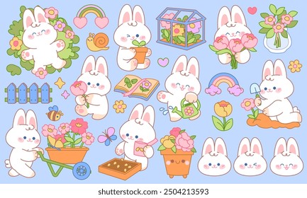 Cute little bunny gardener. Plants, flowers, butterflies, bees, garden supplies. Cartoon stickers, Animal rabbit character design tidy vector isolated set. Kawaii style collection.