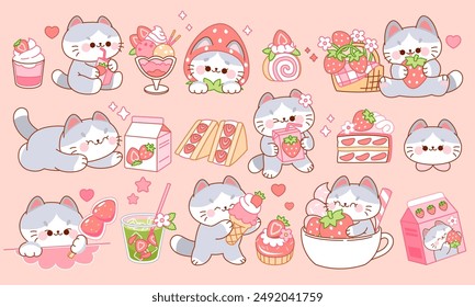 Cute little cats sweets. Strawberry desserts and drinks, fruit milk and sweet food. Cartoon stickers, Animal character design tidy vector isolated set. Kawaii style collection.